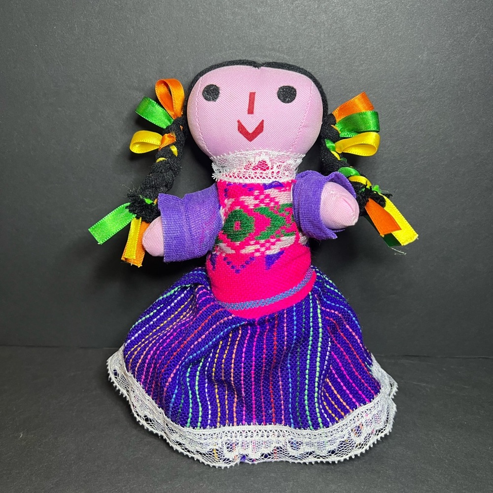 Traditional Mexican Handmade Colorful Maria Rag Doll w/ Braids & Ribbons 7"
